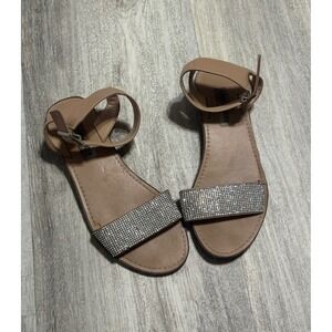 Steve Madden Womens Tan Rhinestone Ankle Strap Flat Sandals Sparkly Dressy Shoes
